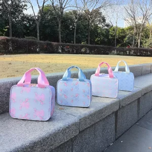 Customized Large Portable Tote Lunch Bag for Adults Eco Friendly Travel Meal Pouch Cute Blue Floral Pattern Waterproof Zipper