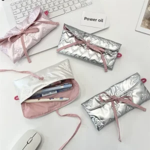 Cute Bow Clap Pencil Bag Student Stationery Pencil Case Cosmetics Storage Bag
