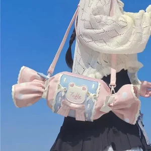 Cute Candy Shape Fashion Lolita Crossbody Bag Kawaii Polka Dot Bow Decor PU Leather Shoulder Two Straps Girls Cosplay Daily Use