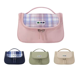 Cute Cartoon Classic Plaid Nylon Zipper Portable Pencil Case Multi Compartment Dual Use Student Cosmetic Toiletry Bag