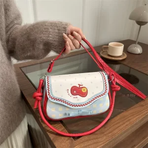 Cute Cartoon Polka Dot Women Shoulder Bags Contrast Color Bow Ladies Handbags Lightweight Sweet Girls Pu Leather Crossbody Bag