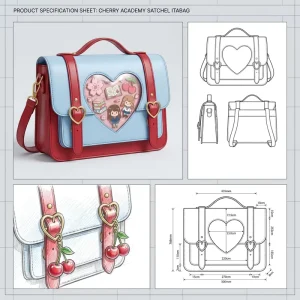 Cute Cherry Academy Satchel Ita Bolsa Bag Two-Tone Heart Window Display Bag for Cosplay Daily Campus Commutes
