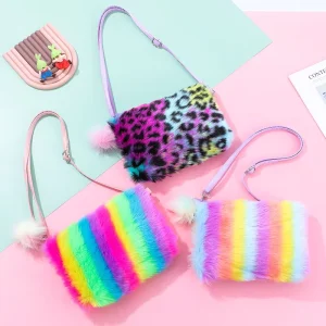 Cute Colorful Rainbow Fur Kids Shoulder Coin Pouch Zipper Plush Crossbody Bag for Girls