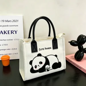 Cute Panda Canvas Tote Bag Crossbody Multi-compartment Zipper Handbag for Travel Souvenir Gifts