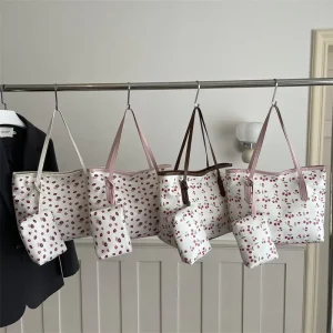 Cute Sweet Printed PU Tote Bag Women’s Large Capacity Zipper Closure New Style Artistic Class Shoulder Bag