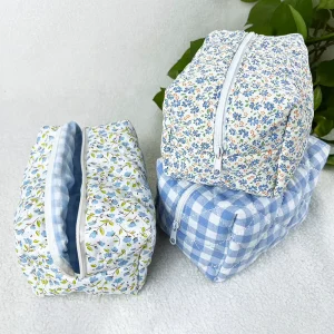 Cute Travel Women Lightweight Blue Gingham Makeup Pouch Small Floral Cotton Cosmetic Bag