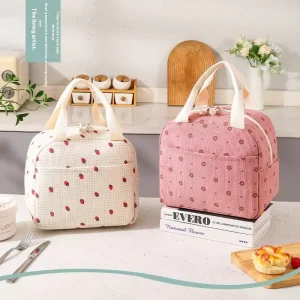 Cute Waterproof Portable Corduroy Lunch Bag with Zipper Large Capacity