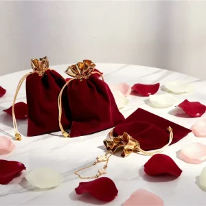 DEQI Factory Custom Luxury Cherry Red Gold-edge Drawstring Pouches Luxury Velvet Pouches Customized Jewelry Pouch Bag Gift Bag