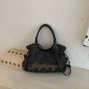 Denim Shoulder Bag Women Large Capacity Embroidered All Match Crossbody Bag Casual Stylish Handbag Polyester