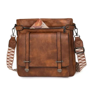 Designer Messenger Bag Vintage PU Leather Women Crossbody Bag Small Shoulder Sling Bag with Jacquard Strap for Daily Travel