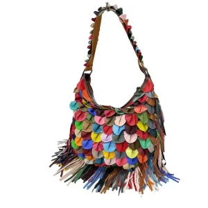 Designer Vintage Street Bohemian Crossbody Bag Fashionable Lady’s Patchwork Tassel Leather Shoulder Bag Contrast Colors Handbags