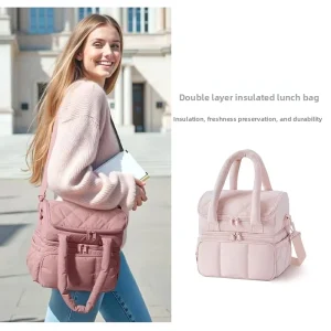 Double-layer Fluffy Nylon Waterproof Large Capacity Portable Crossbody Lunch Bag Travel Outdoor Picnic Quilted