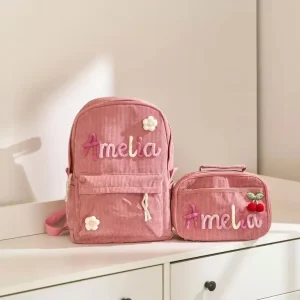 Drop shipping Fashion Zipper Corduroy Backpack with Lunch Box Bag Custom Handmade Embroidery Name