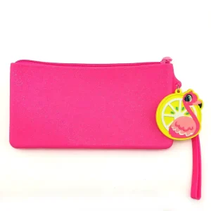 Easy Carry Lightweight Pink Glitter Silicone Zipper Closure 200x105mm Flamingo Cellphone Purse & Cosmetic Bag