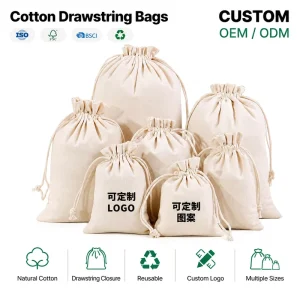 Eco Friendly Cotton Drawstring Bags Breathable Fabric Custom Logo For Cosmetic Packaging Pouch Printing Factory
