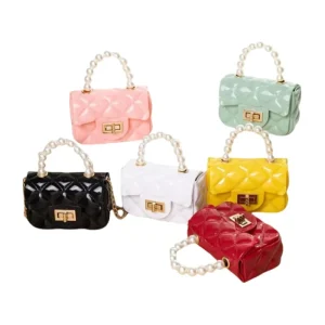 Elegant Mini Crossbody Bag Beautiful Cute Handbag with Pearls Beads Handle Portable Fashion Style Glitter Clear Thread Pattern