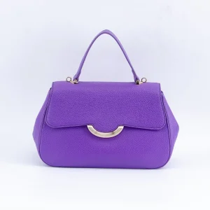 Elegant Purple Leather Handbag Textured Pebbled Tote with Semi Circle Metal Clasp Structured Shoulder Bag for Women