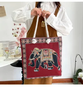 Ethnic Style Elephant Embroidered Women’s Bag Hemp Rope Shoulder Strap Embroidered Canvas Shoulder Bag