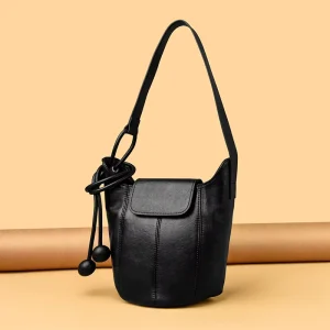 Exquisite Stitched Genuine Leather Bucket Bag with Ball Pendant for Women Rounded Cowhide Drawstring Handbag Luxury Shoulder Bag