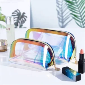 FOCSTAR Holographic Iridescent Clear Waterproof Portable Cosmetic Bag with Zipper Gift (BTF026)