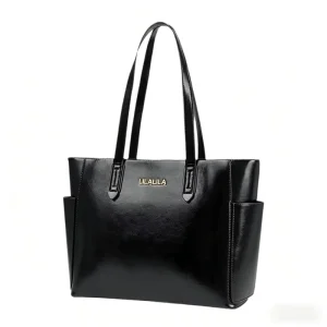 Factory Custom Genuine Leather PU Leather Tote Bags for Women OEM ODM Large Capacity Black Shoulder Bags with Custom Logo