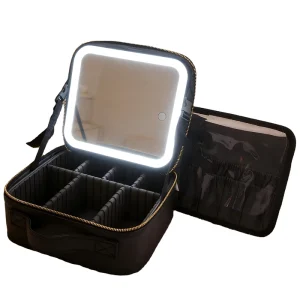 Factory Direct LED Makeup Mirror Bag 3 Color Dimmable Light Waterproof PU Leather Adjustable Compartments OEM ODM Accepted