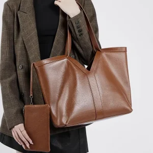 Factory Leather Tote Bag Leather Shoulder Tote Bag 2pcs Set Casual Work Handbag with Zipper Pouch Purse