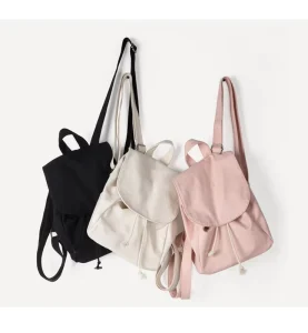 Factory New Style Cute Casual Simple School Bag for Student Spring&Summer Single Color Drawstring Canvas Backpack