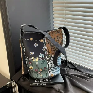 Fall Winter Retro Patchwork Printing Women’s Crossbody Bag Custom Personalization Zipper Old School Bucket Bag