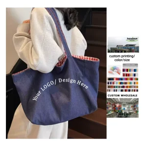 Fashion Inside Out Girls Spring Summer Denim Canvas Plaid Tote Bag Custom Trendy Korean French Styled Women’s Shoulder Bag