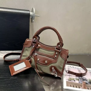 Fashion Ladies Olive Fabric Punk Cross Body Bag with Detachable Strap & Studs Women Casual Tote Hand Bags
