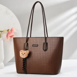 Fashion Large Capacity Woven PU Leather Pattern Tote Bag with Zipper Simple Solid Color Shoulder Bag for Women Handbag