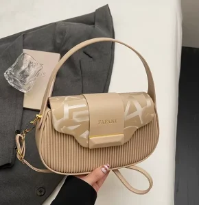 Fashion Letter Print Saddle Bag Elegant Pleated Shoulder Bag with Gold Hardware Color Block Crossbody Purse for Women