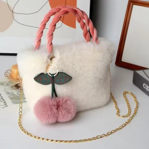 Fashion Luxury Faux Fur Mini Handbag Niche Design Cute Plush Purse Cherry Plush Ball Shoulder Bag
