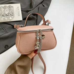 Fashion Tassel Women’s Crossbody Handbag Solid Color Durable Trending Square Design PU Zipper Closure