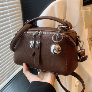 Fashion Texture PU Handbag Women’s New Style Retro Simple Boston Shoulder Crossbody Zipper Medium Square Bag