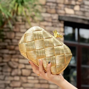 Fashion Trends Women Golden Hand Clutch Bag for Wedding Party Ladies Popular Evening Bag Purse with Chains Knot