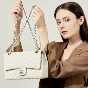 Fashion Urban Simplicity Camellia Patterned Genuine Leather Quilted Women’s Shoulder Crossbody Bag Chain Strap Cover Flower