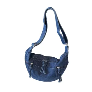 Fashion Women’s Denim Dumpling Handbag with Chains Single Strap Polyester Lining and Zipper Closure for Young Ladies