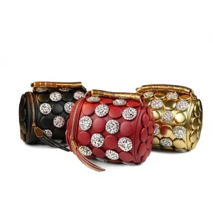 Fashionable Creative Three-Dimensional Diamond-Encrusted Polka-Dot Decorated Handheld Cylinder Retro Shoulder Crossbody Bag