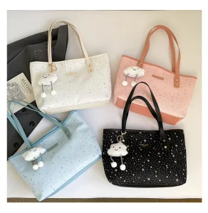 Fashionable High End Cute Cartoon Printed Two Handle PU Casual Tote Bag with Zip Closure and Large Capacity for Commuting