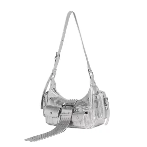 Fashionable Ladies Black Cool Punk Saddle Shape Shoulder Bag Zipper Closure Lots Pockets Polyester Women Motor Style Hand Bags