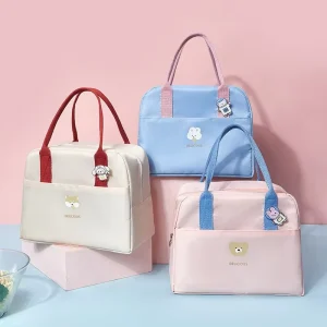 Fashionable Macaron Style Fresh Simple Thickened Portable Leather Double Layer Waterproof Large Capacity Insulated Lunch Box Bag
