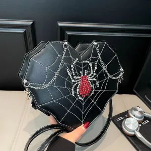 Fashionable Punk Rhinestone Spider Handbags for Women Gothic Style Heart Spiderweb Bag with Chain Shoulder Strap