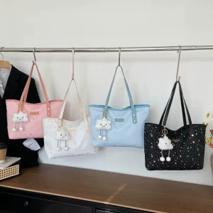 Fashionable Shoulder Tote Bag Cute Printed Women’s Bag PU Leather Handbag with Pendant
