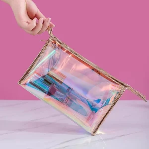 Fashionable Women’s Durable PVC Laser Candy Pattern Portable Soft Handle Travel Cosmetic Makeup Bag with Zipper Closure