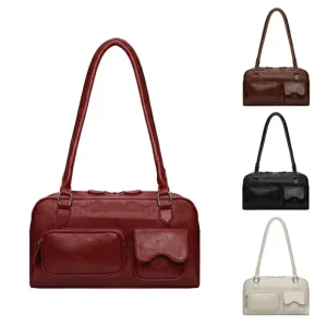 Fashionable Women’s Leather Shoulder Bag Red Luxury Boston Style Handbag Large Capacity Tote for Lady