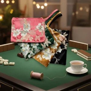 Floral Embroidered Velvet Mahjong Pouch Elegant Evening Bag for Mahjong Nights & Parties