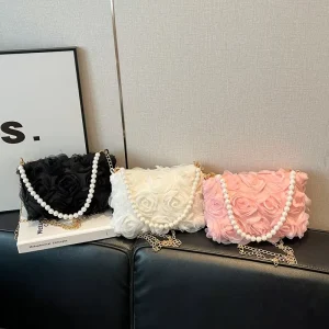Flower Pearl Chain Handbag Women Elegant Evening Clutch Bag Fashion Crossbody Shoulder Purse for Wedding & Daily