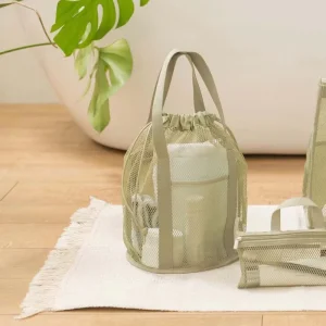 Foldable Leisure Mesh Hollowed Out Tote Bag Drawstring Pocket Swimming Wash Bag Travel Organizer Storage Bag